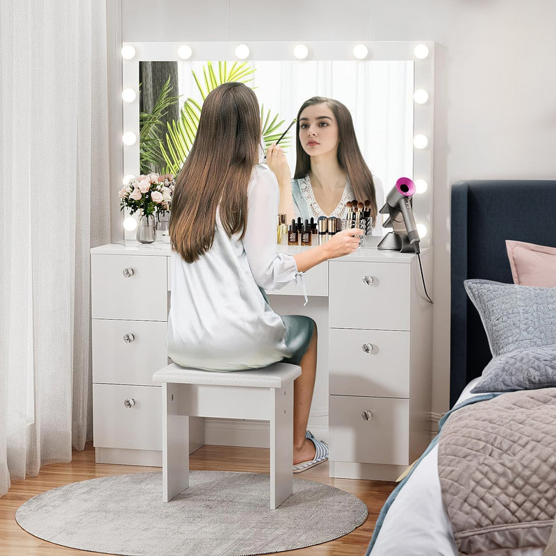 44 inch Makeup Vanity Desk with Lighted Mirror, Power Outlet, 7 Drawers, 3 Brightness