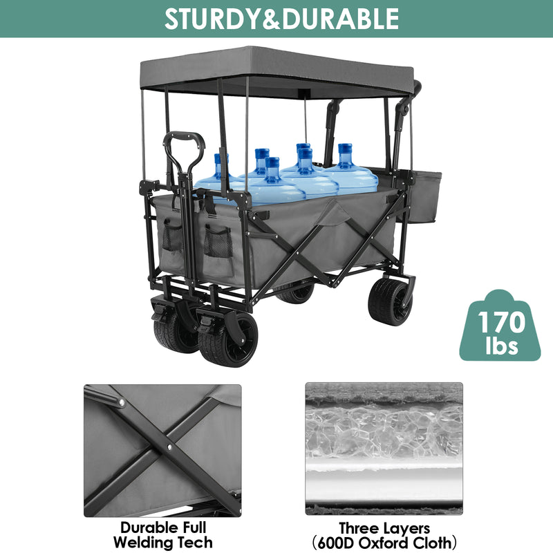 Folding Wagon All-Terrain Wheels Camping Cart with Canopy and Basket
