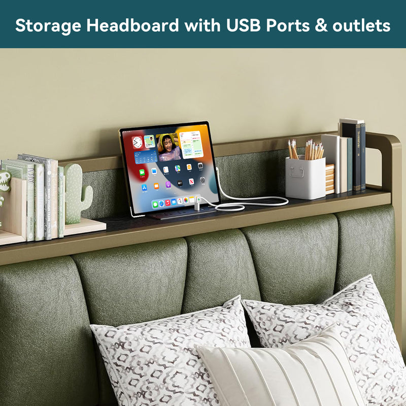 Upholstered Bed Frame Bed Frame, Storage Headboard with Charging Station, No Box Spring Needed