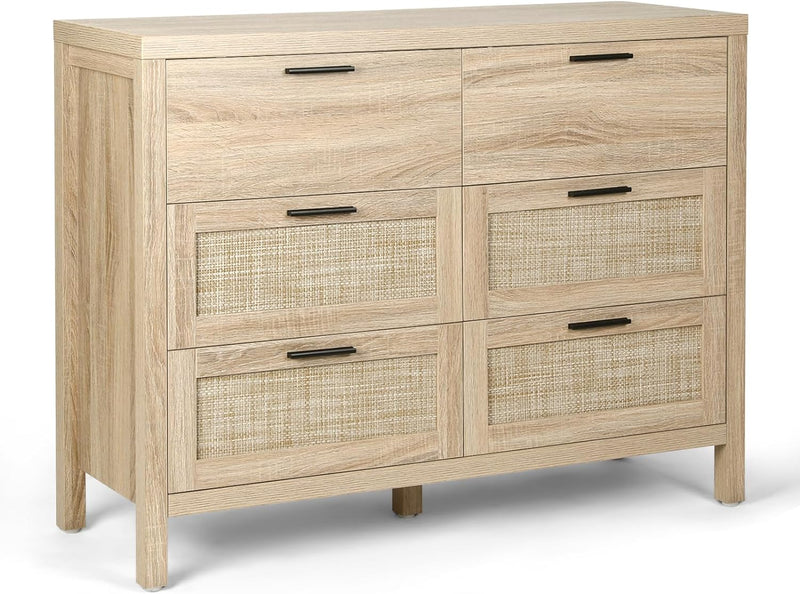 Rattan Drawer Dresser Wood Storage Chest of Drawers Double Drawer Dresser