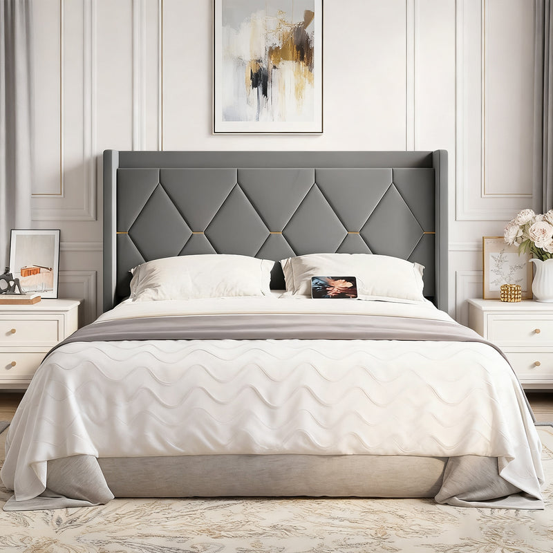 Tufted Velvet Upholstered Bed Frame with Charging Ports & Storage Headboard