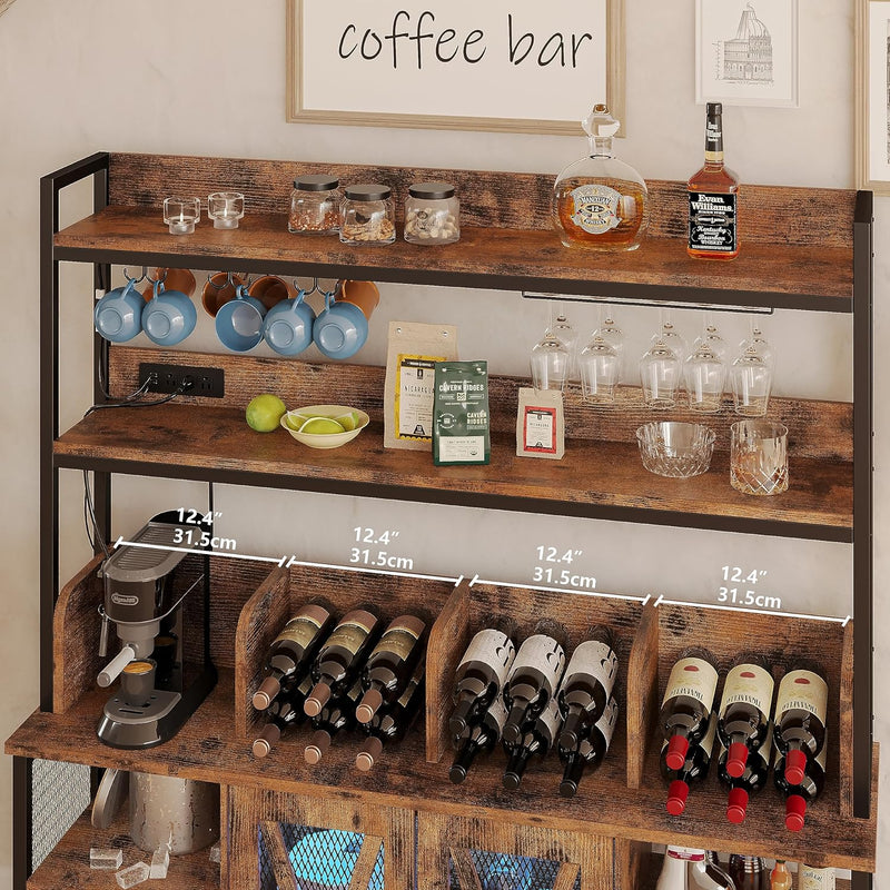 Coffee Bar Cabinet LED Industrial Buffet Cabinet 3-Tiers with Power Outlet, Glass Holder