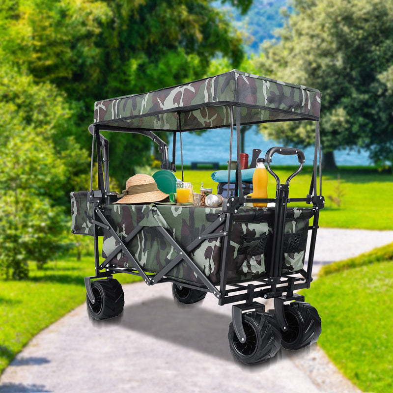 Folding Wagon All-Terrain Wheels Camping Cart with Canopy and Basket