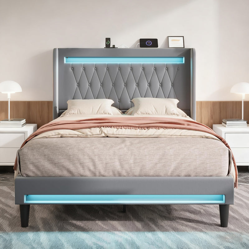 LED Velvet Upholstered Platform Bed Frame with Charging Station, Tufted Wingback High Headboard, No Box Spring Needed