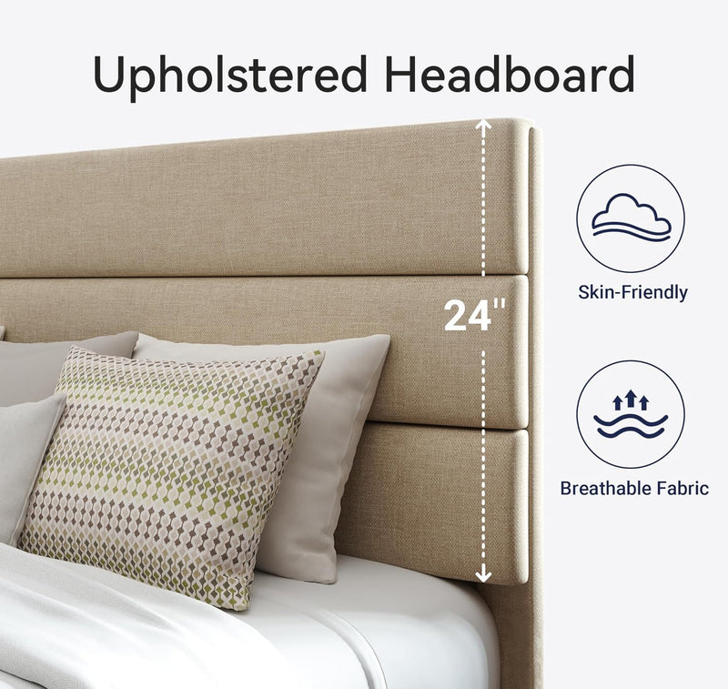 Platform Bed Frame with Fabric Upholstered Headboard and Wooden Slat Support, No Springs Required