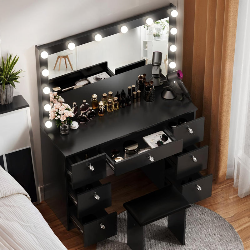 44 inch Makeup Vanity Desk with Lighted Mirror, Power Outlet, 7 Drawers, 3 Brightness