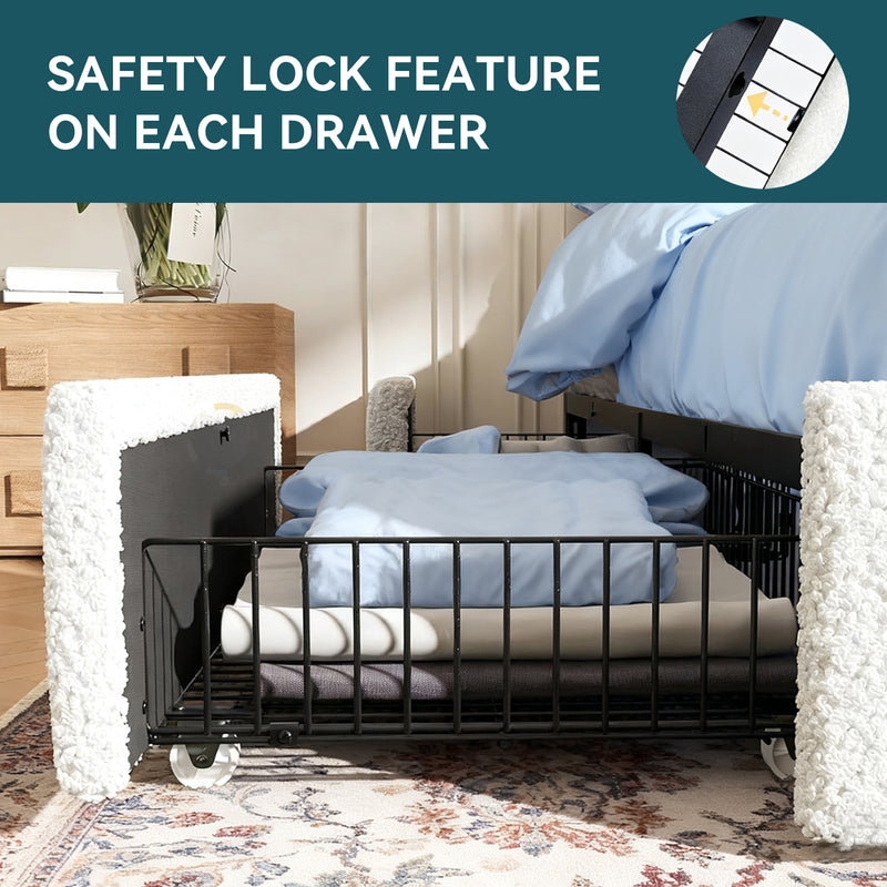Soft Teddy Boucle Upholstered Platform Bed Frame with 4 Storage Drawers, Noise-Free, No Box Spring Needed, Easy Assembly
