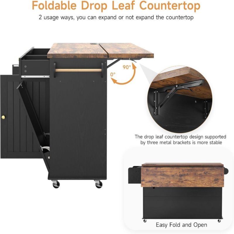 Kitchen Island Cart with Trash Can Storage, Kitchen Storage Cabinet on Wheels
