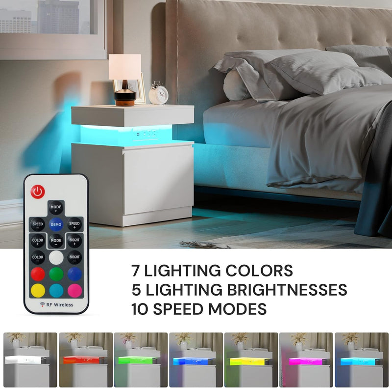 Nightstand Bedside Table/End Table with LED Lights and Charging Station