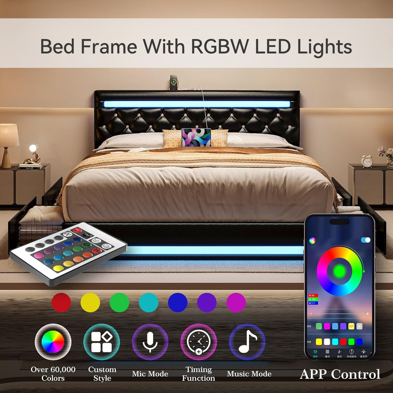 PU Leather Platform Bed Frame with LED Light, 4 Drawers, Adjustable Button Headboard