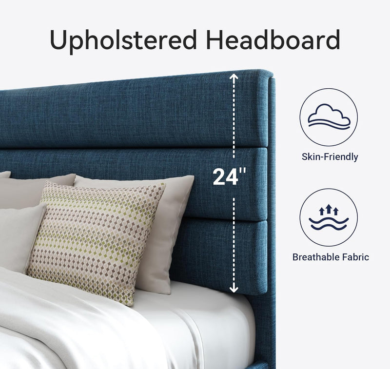 Platform Bed Frame with Fabric Upholstered Headboard and Wooden Slat Support, No Springs Required