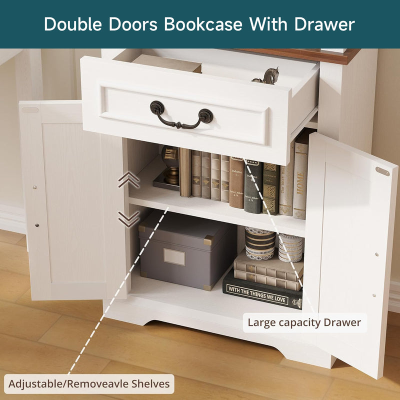 72" Bookshelf Sideboard with Storage Cabinet, Tall Farmhouse Bookcase 4 Tier Open Shelf Bookcase with Adjustable Shelves Drawer LED Lights