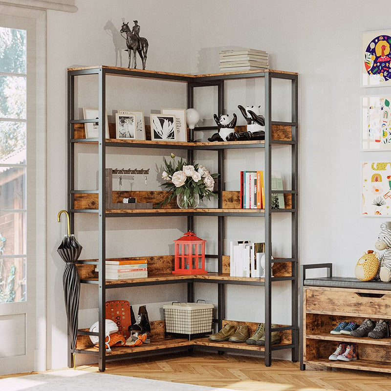 Corner Bookshelf 5 Tiers Industrial Bookcases with Baffles Etagere Shelf Storage Rack with Metal Frame
