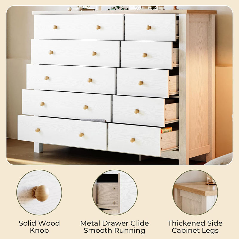 10 Drawer Dresser, Modern White Dressers and Chests of Drawers, 10 Drawer Large Dressers with Solid Wood Knobs, Storage Organizer, TV stand