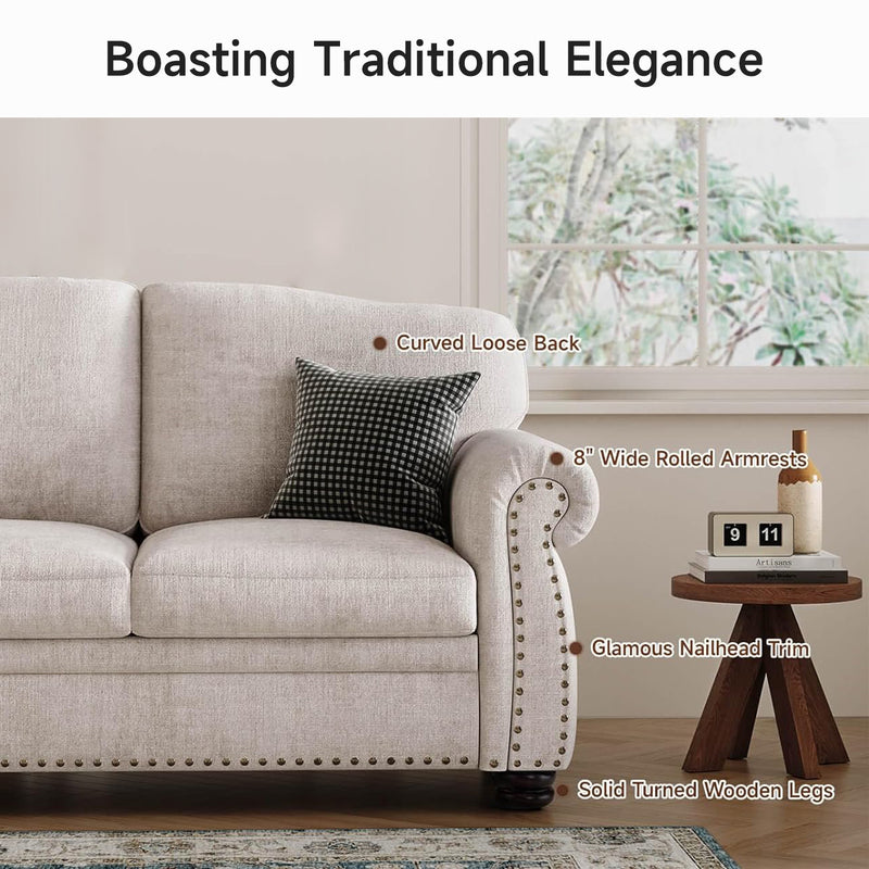 90 Inch 3 Seater Sofa Nailhead Trim Farmhouse Couches with Rolled Arm, 23" Deep Seat