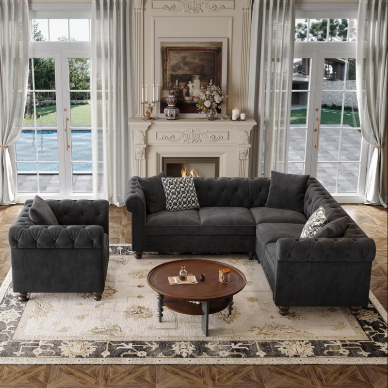 Chesterfield L-Shaped Sectional Sofa, Velvet 5 Seater Counch with 3 Throw Pillows, Tufted Corner Couch with Rolled Armrest