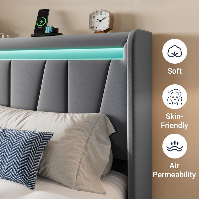 Grey Velvet Upholstered Platform Bed Frame - King Size
