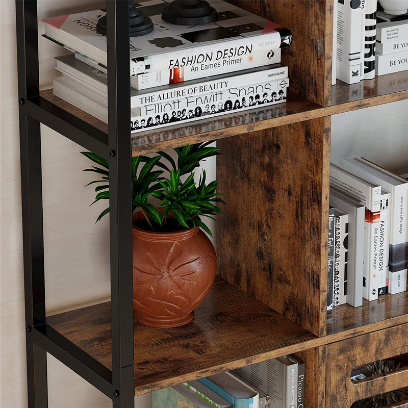 Industrial 5 Tier Bookshelf with Doors Wooden Display Shelf Bookcases and Bookshelves, Vintage Brown