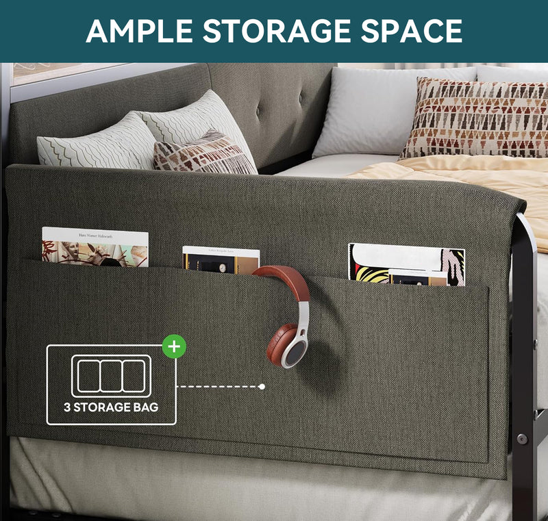 Daybed Sofa Day Bed with Trundle, Twin Bed Frame with Upholstered Headboard, Strong Supports and Charging Station