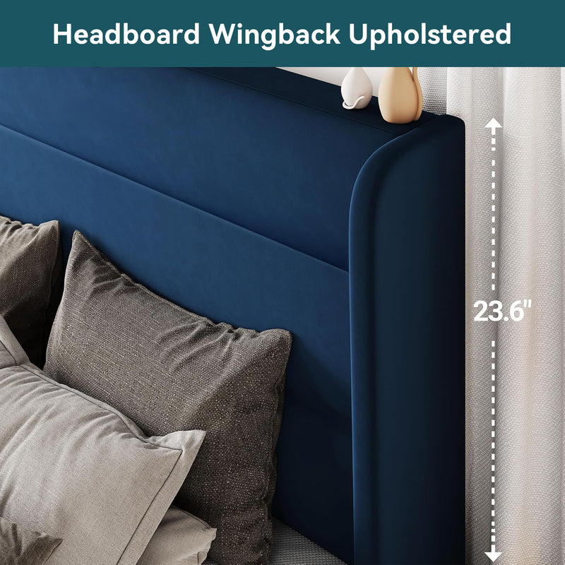 Velvet Platform Bed Frame with Vertical Tufted Wingback Headboard Under Bed Storage, No Box Spring Required