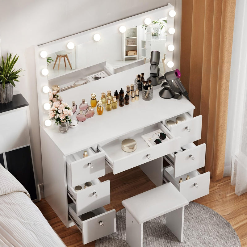 44 inch Makeup Vanity Desk with Lighted Mirror, Power Outlet, 7 Drawers, 3 Brightness
