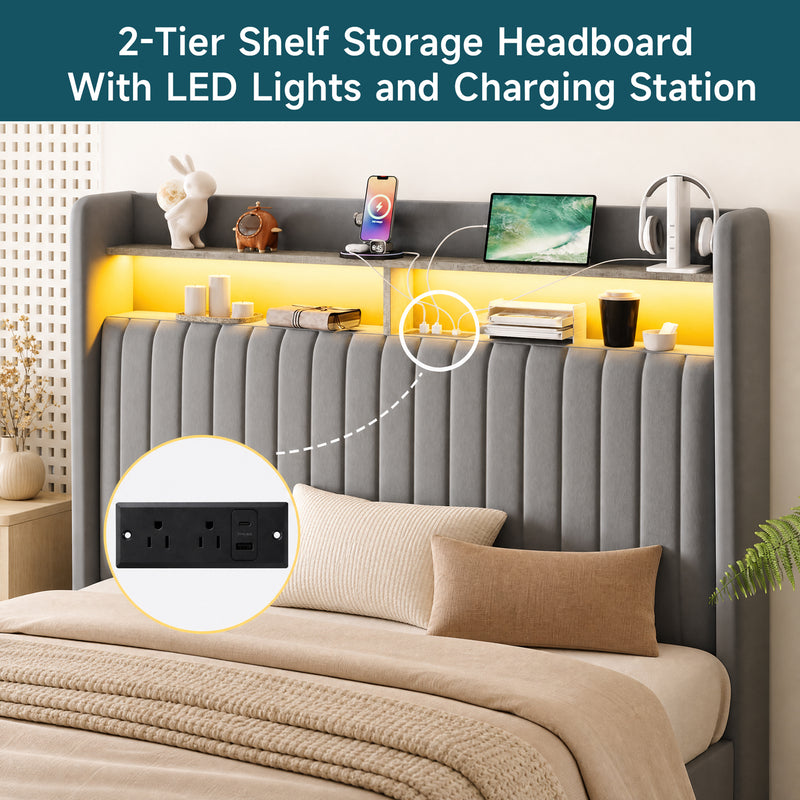 Lift Up Storage Bed Frame with Charging Station & LED Lights, Upholste ...