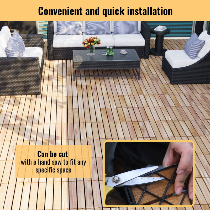 10 PCS Interlocking Deck Tiles, 12"x12" Waterproof Solid Acacia Wood Patio Tiles, Flooring Tiles Outdoor All Weather