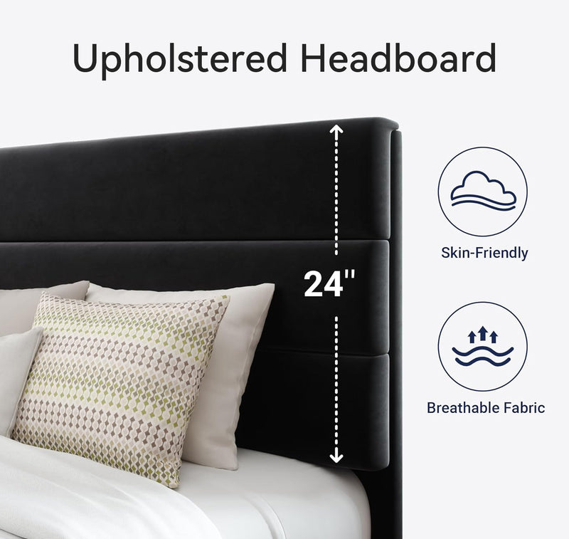 Platform Bed Frame with Fabric Upholstered Headboard and Wooden Slat Support, No Springs Required