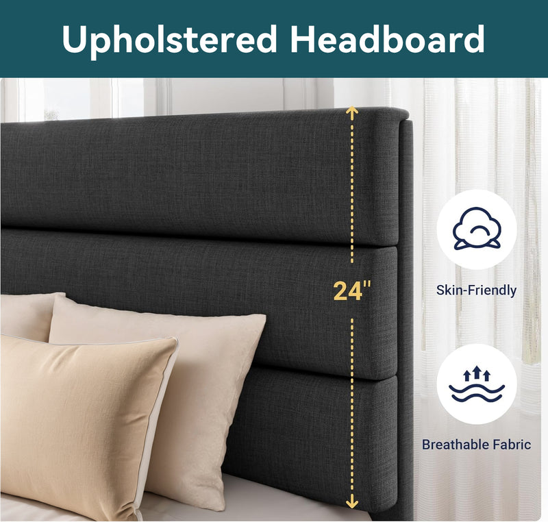 Platform Bed Frame with Fabric Upholstered Headboard and Wooden Slats Support, Fully Upholstered Mattress Foundation,Twin Size