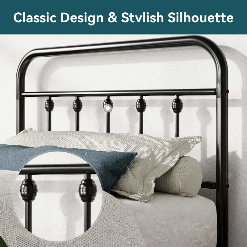 Twin Size Metal Platform Bed Frame with Victorian Style Iron-Art Headboard Mattress Foundation Under Bed Storage