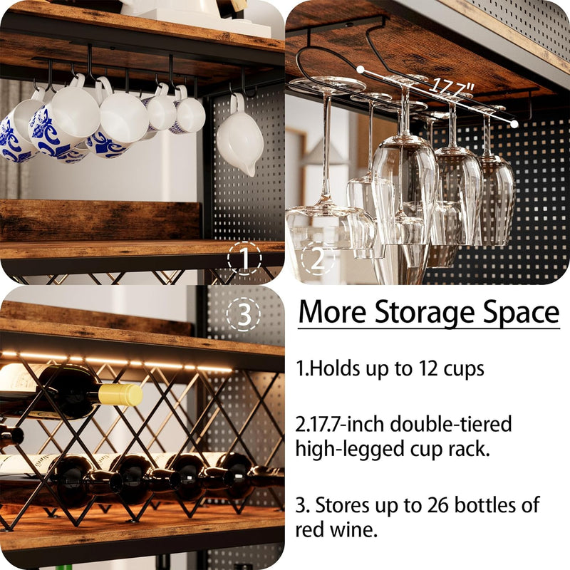 Bar Cabinet LED Home Bar Unit 4 Tiers with Charging Station, Wine Racks, Glass Holders