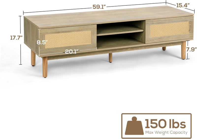 Ohwill Rattan TV Stand up to 65 inches TV, Handcrafted TV Media Console with Sliding Doors and Solid Wood Legs