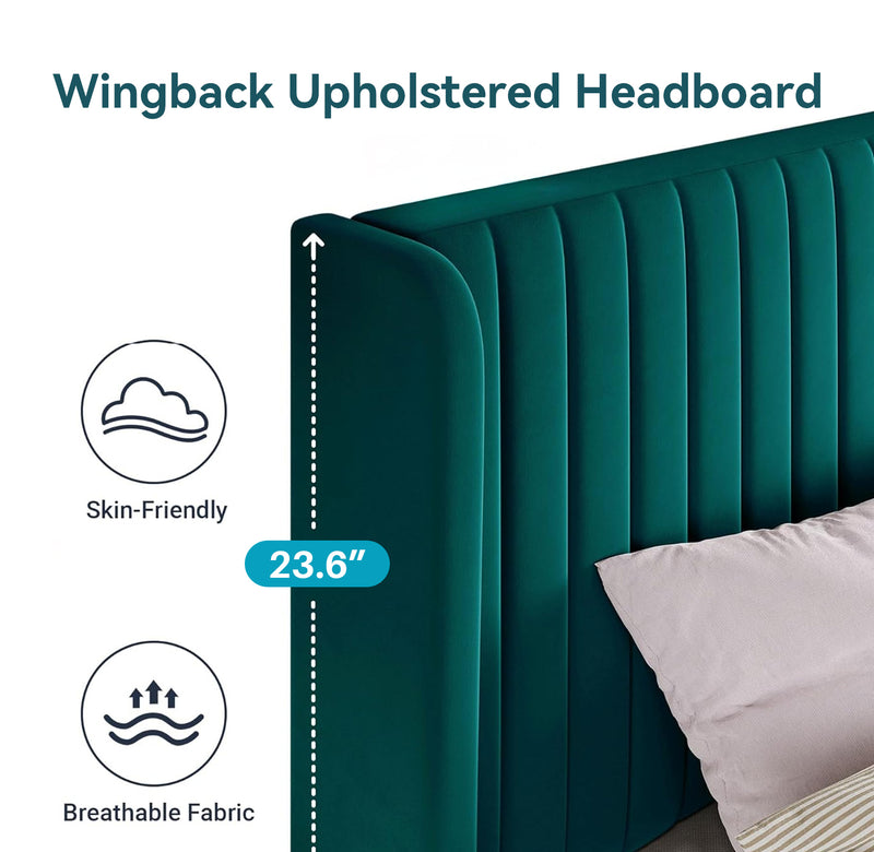 Velvet Upholstered Platform Bed Frame with Vertical Line Tufted Adjustable Headboard