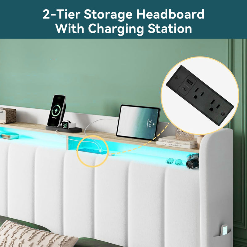 Velvet Upholstered Platform Bed Frame with LED Headboard, Storage Drawers & Charging Ports, No Box Spring Needed