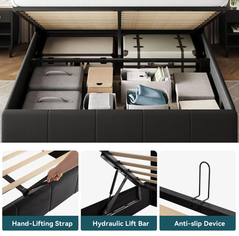 Open storage bed with bottom compartments and fabric-covered frame shown; includes hand-lifting strap, hydraulic lift, anti-slip device.