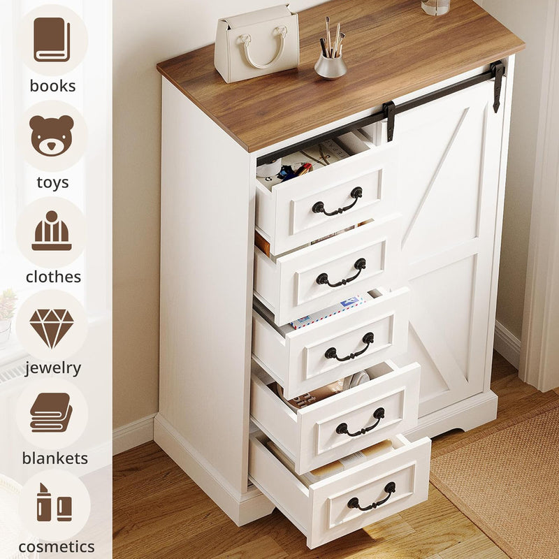 5 Drawer Dresser for Bedroom, 48" Tall Dresser Chest of Drawers, Dresser Storage Cabinet with Sliding Barn Doors