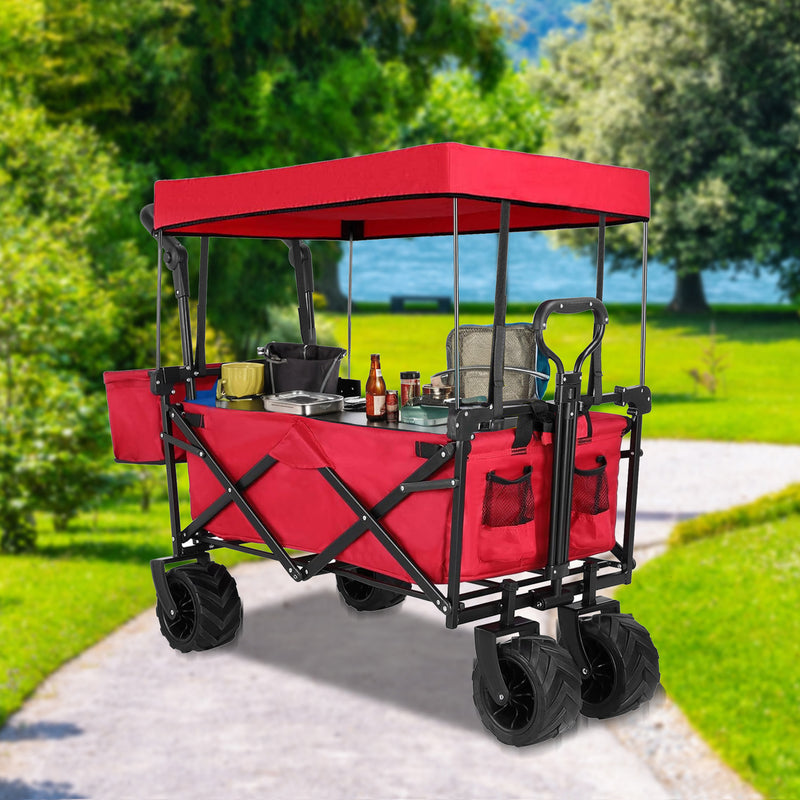 Folding Wagon All-Terrain Wheels Camping Cart with Canopy and Basket