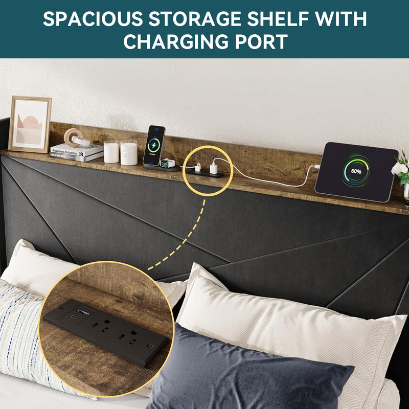 Upholstered Bed Frame with 3 Drawers Storage and and Headboard with USB Ports, No Box Spring Needed