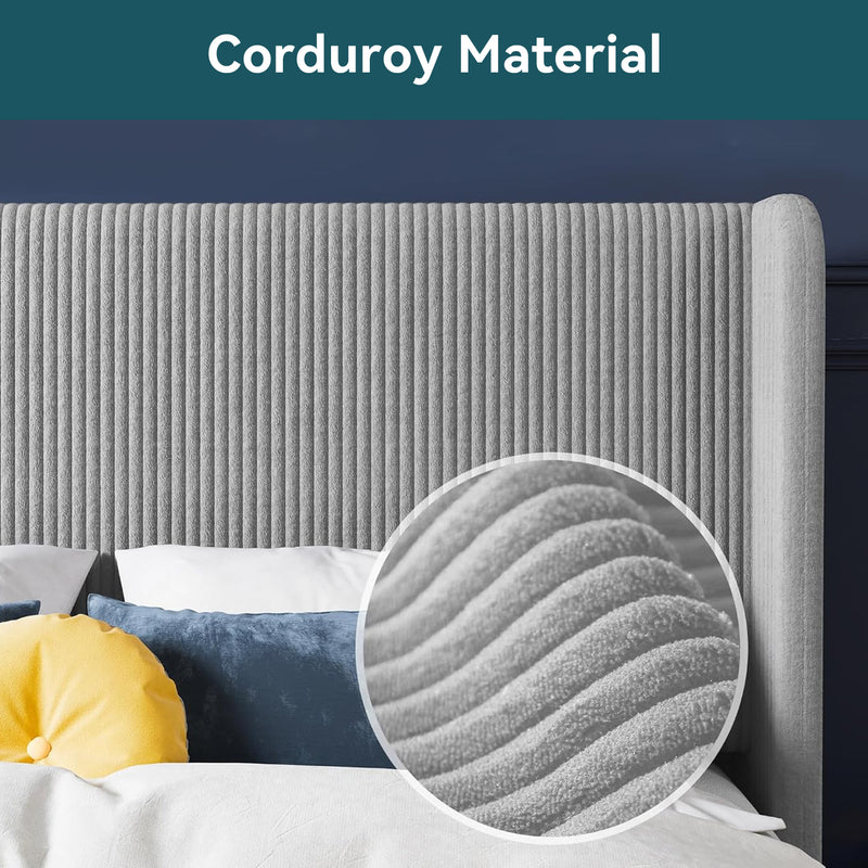 Upholstered Bed Frame in Corduroy Velvet with Wingback Headboard, No Box Spring Needed