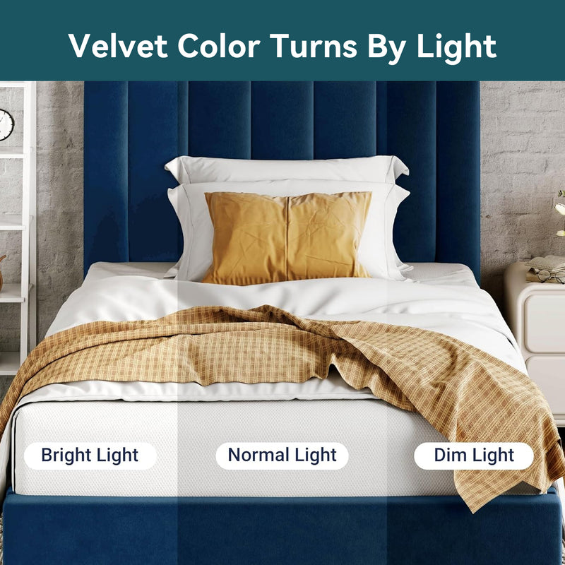 Twin Velvet Upholstered Platform Bed Frame with Vertical Channel Tufted Headboard, Strong Wood Slat Support, No Box Spring Needed