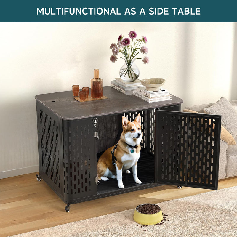 Dog Crate with Wheels, Dog Cage End Table with Lockable Door