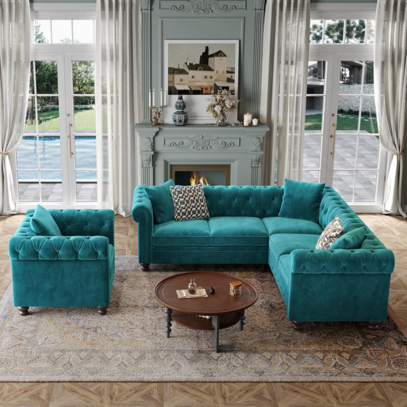 Chesterfield L-Shaped Sectional Sofa, Velvet 5 Seater Counch with 3 Throw Pillows, Tufted Corner Couch with Rolled Armrest