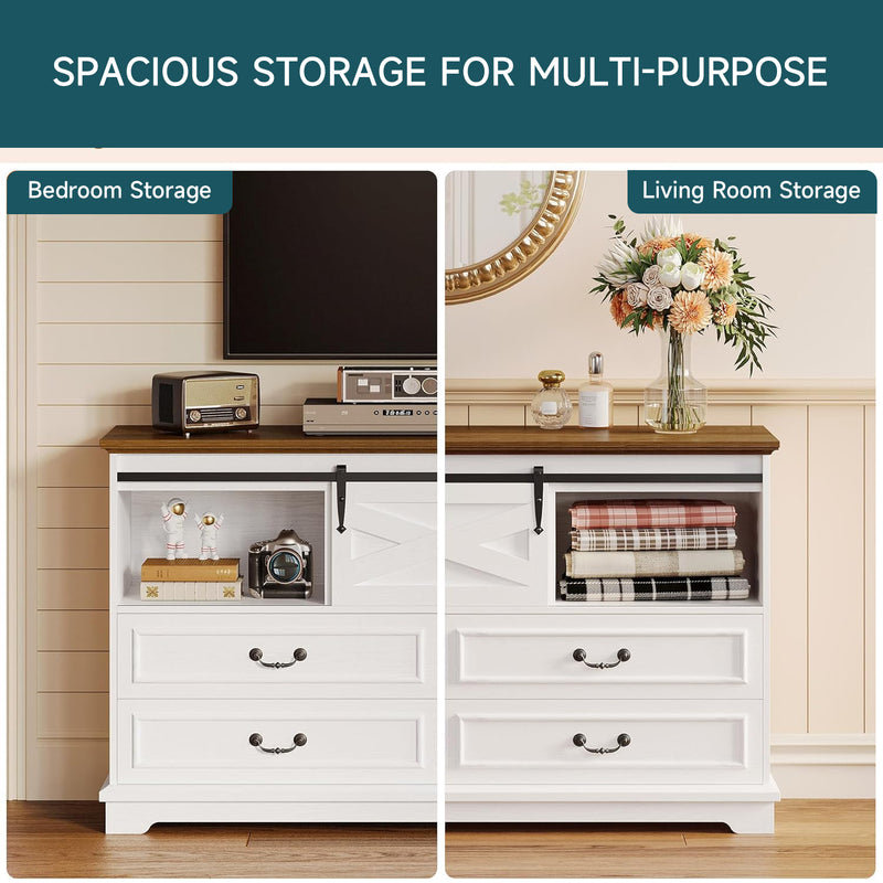 Farmhouse 6 Drawers Dresser, 55.1" Large Drawers, Wooden Chest of Drawers with Sliding Barn Door