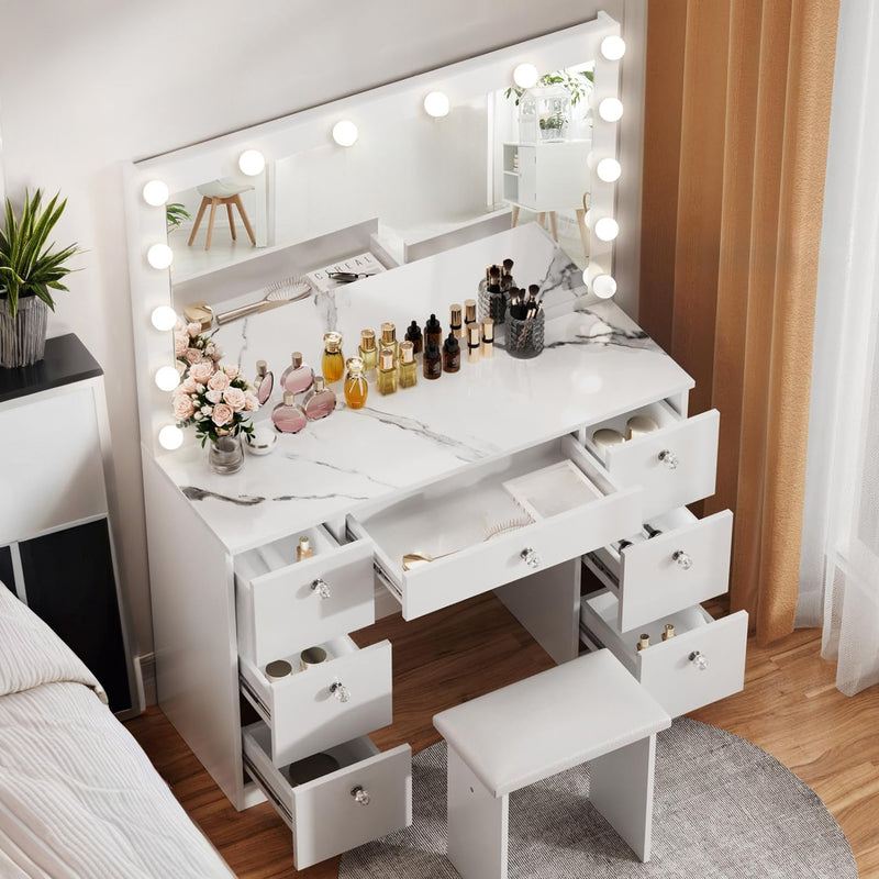 44 inch Makeup Vanity Desk with Lighted Mirror, Power Outlet, 7 Drawers, 3 Brightness