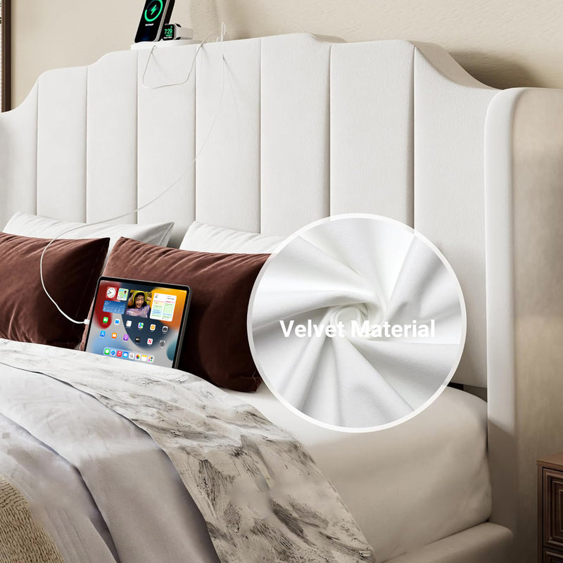 Velvet Bed Frame with Curved Vertical Tufted Wingback Headboard and Footboard, Charging Station Under Bed Storage