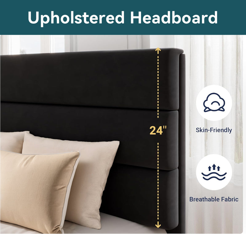 Twin Size Velvet Bed Frame Platform Bed Frame with Velvet Upholstered Headboard and Wooden Slats Support, Fully Upholstered Mattress Foundation