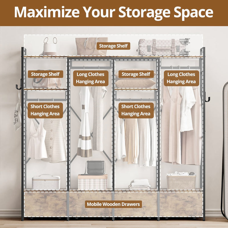 Freestanding Garment Rack with 4 Wooden Drawers, Hanging Rods and Storage Shelves, Heavy Duty Closet Wardrobe Rack, Industrial Vintage Brown