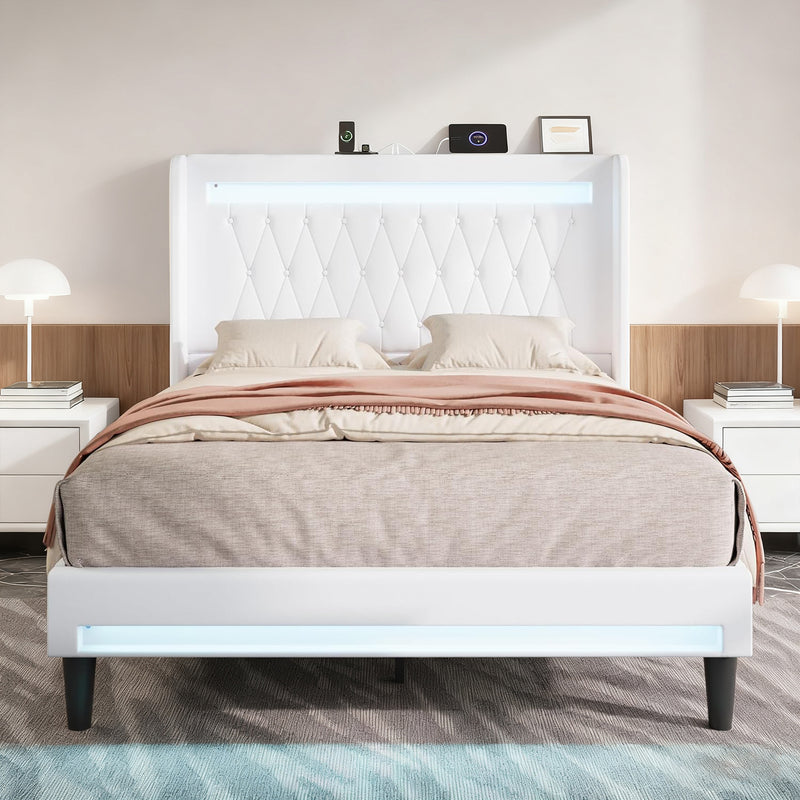 LED Velvet Upholstered Platform Bed Frame with Charging Station, Tufted Wingback High Headboard, No Box Spring Needed