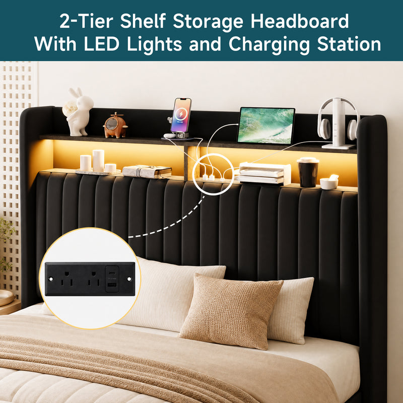 Lift Up Storage Bed Frame with Charging Station & LED Lights, Upholste ...