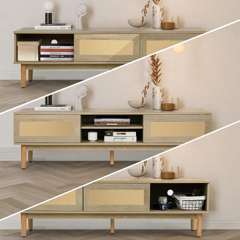 Rattan TV Stand up to 65 inches TV, Handcrafted TV Media Console with Sliding Doors and Solid Wood Legs